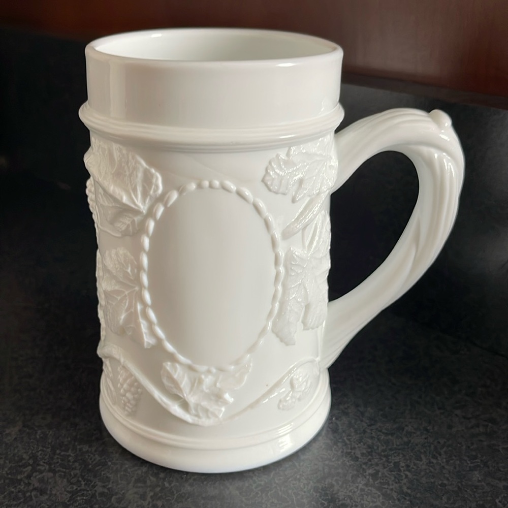 Vintage Indiana Glass Co White Milk Glass Stein Medallion Grapevine Pattern